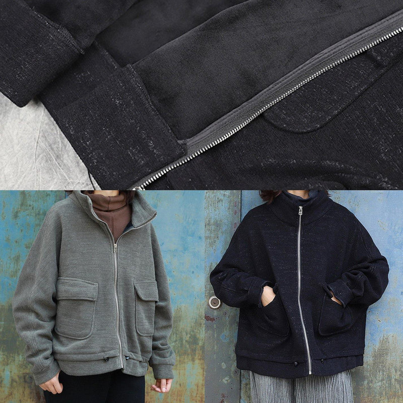 Loose Zippered High Neck Coats Army Green Daily Outwear