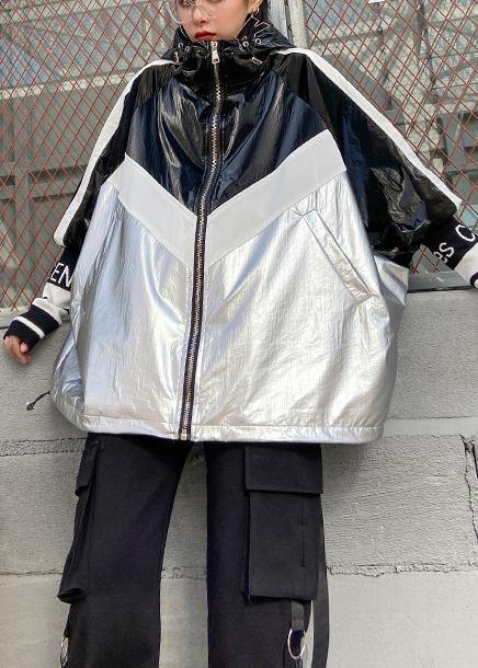 Loose Zippered Fine Trench Coat Black Patchwork Silver Silhouette Jackets
