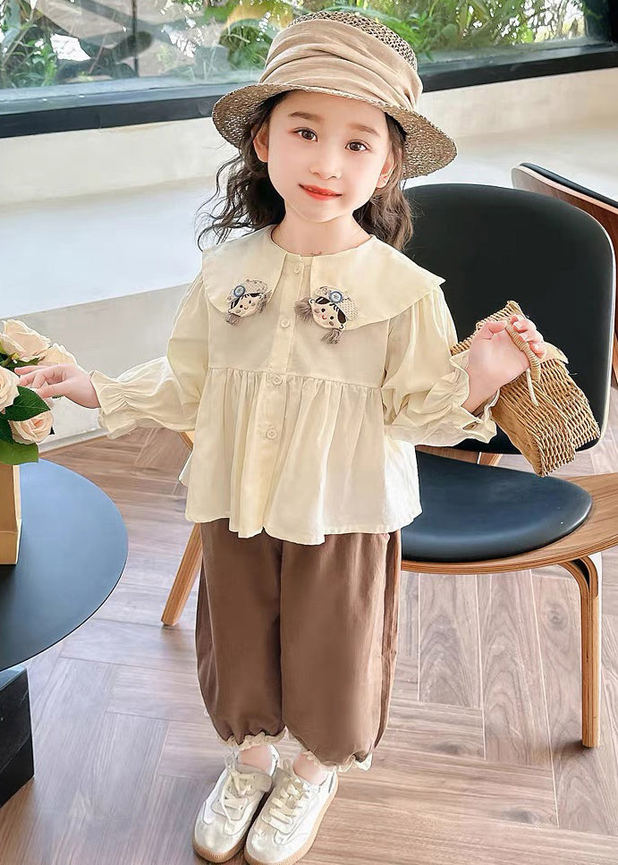 Apricot Shirts and Coffee Crop Pants Cotton Two Pieces Set Flare Sleeve
