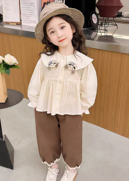 Apricot Shirts and Coffee Crop Pants Cotton Two Pieces Set Flare Sleeve