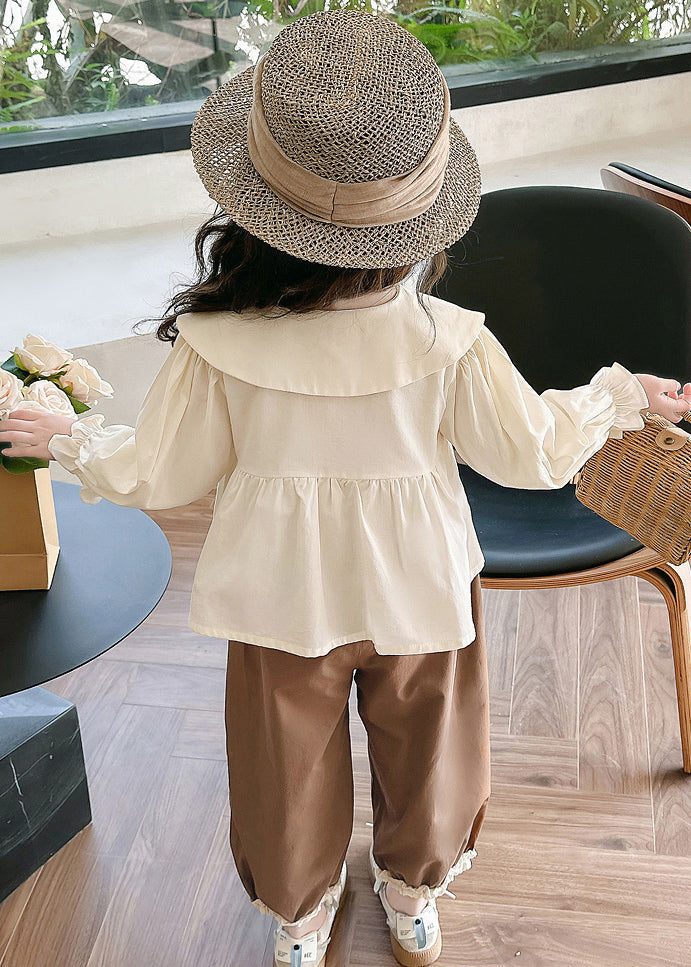 Apricot Shirts and Coffee Crop Pants Cotton Two Pieces Set Flare Sleeve
