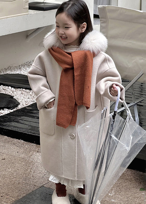 Beige Button Woolen Kids Hoodie Maxi Coat Fall