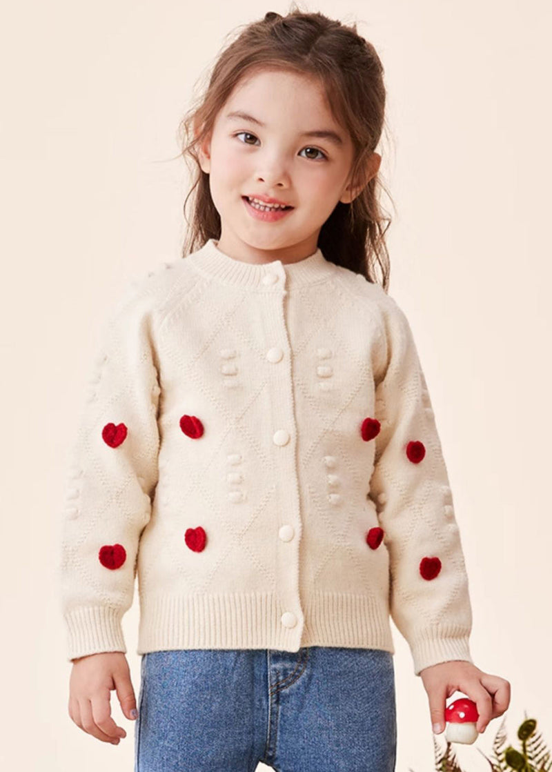 Beige O-neck Button Cotton Knit Kids Sweaters Spring