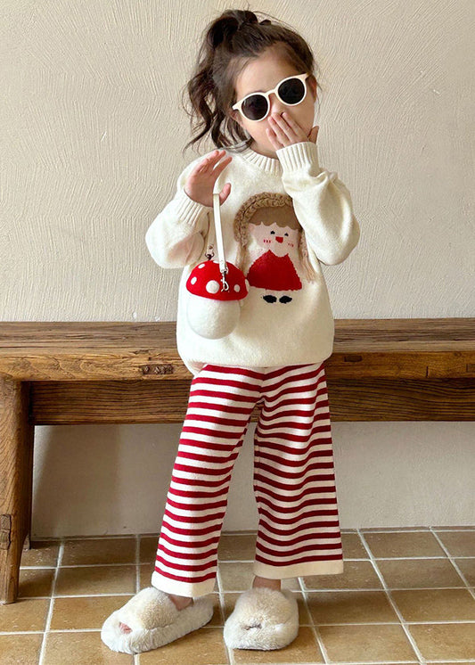 Beige O-neck Character Kids Cotton Knit Sweaters and Flare Trousers Two Pieces Set Spring