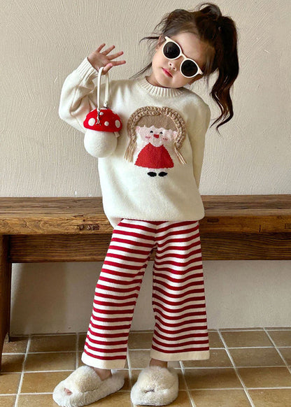 Beige O-neck Character Kids Cotton Knit Sweaters and Flare Trousers Two Pieces Set Spring