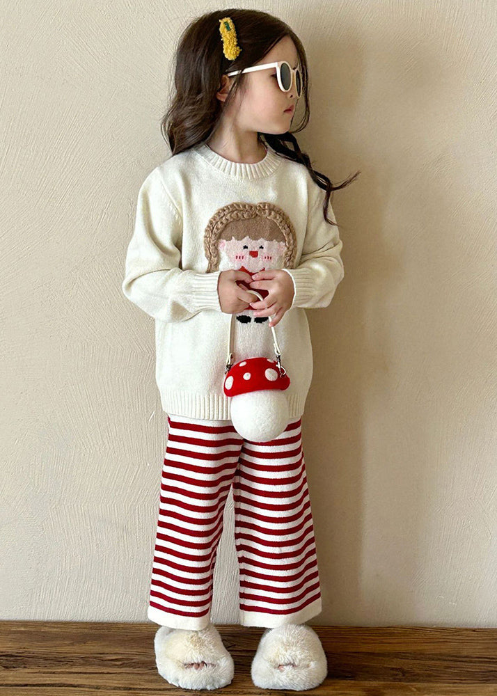 Beige O-neck Character Kids Cotton Knit Sweaters and Flare Trousers Two Pieces Set Spring