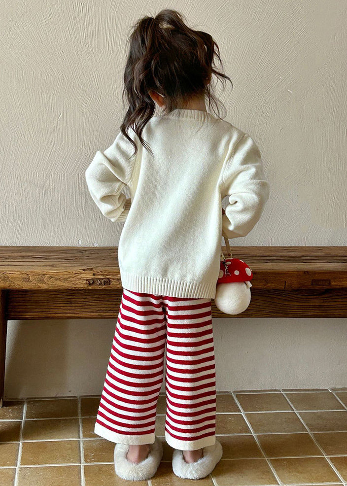 Beige O-neck Character Kids Cotton Knit Sweaters and Flare Trousers Two Pieces Set Spring