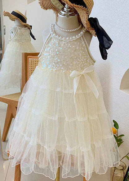 Beige Sequins Nail Bead Wrinkled Patchwork Tulle Baby Princess Dress Summer