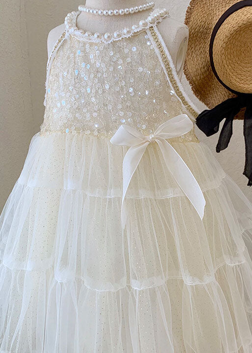 Beige Sequins Nail Bead Wrinkled Patchwork Tulle Baby Princess Dress Summer