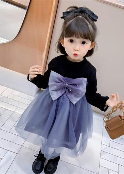 Black O Neck Tulle Bow Patchwork Warm Fleece Kids Dresses Fall