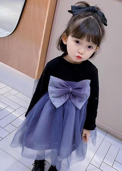 Black O Neck Tulle Bow Patchwork Warm Fleece Kids Dresses Fall