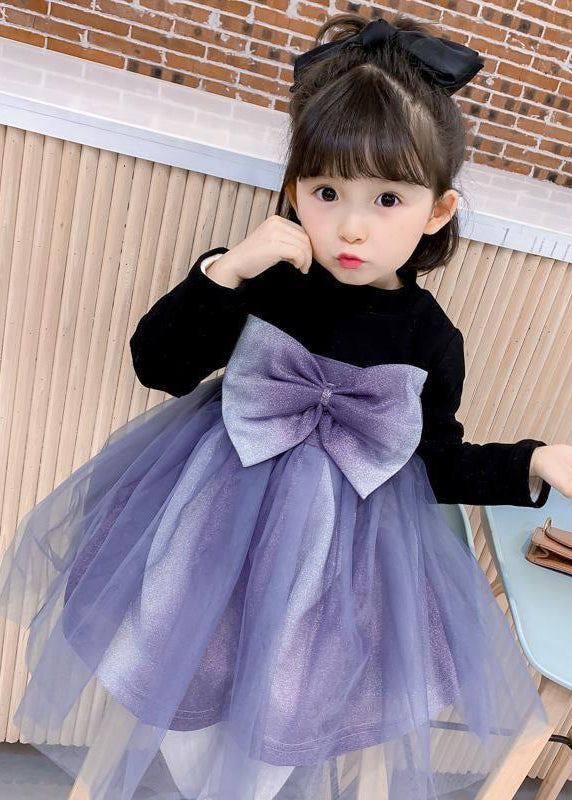 Black O Neck Tulle Bow Patchwork Warm Fleece Kids Dresses Fall