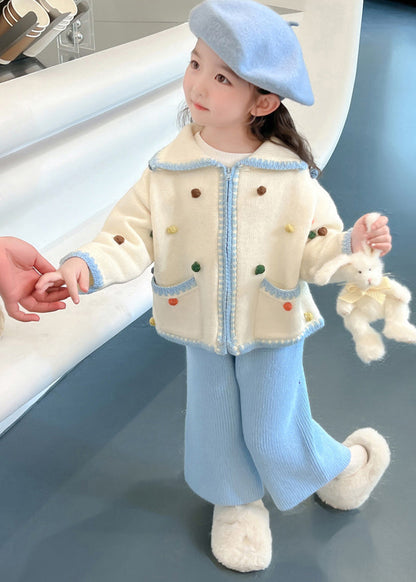 Blue Peter Pan Collar Patchwork Knitted Cotton Cardigans and Crop Pants Two Piece Set Spring