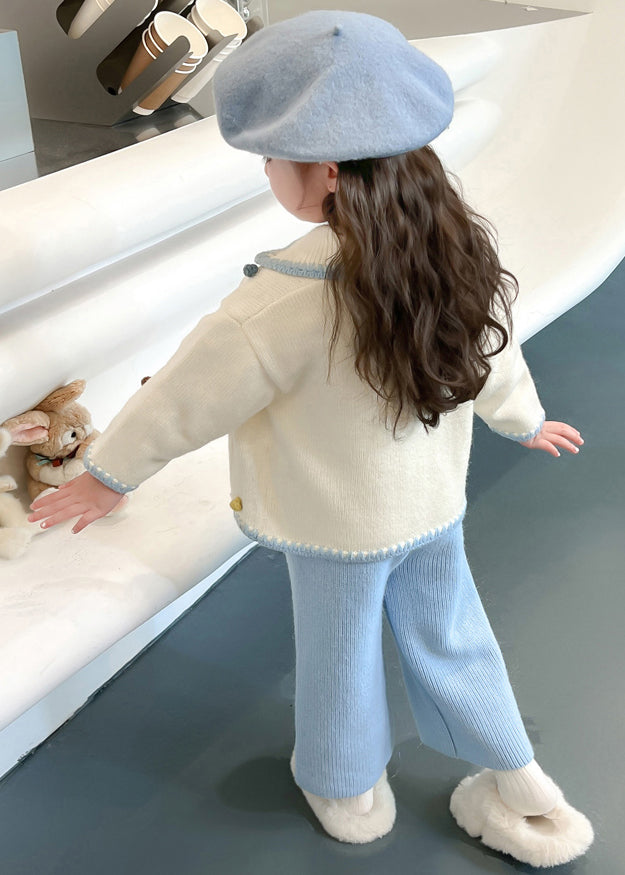 Blue Peter Pan Collar Patchwork Knitted Cotton Cardigans and Crop Pants Two Piece Set Spring