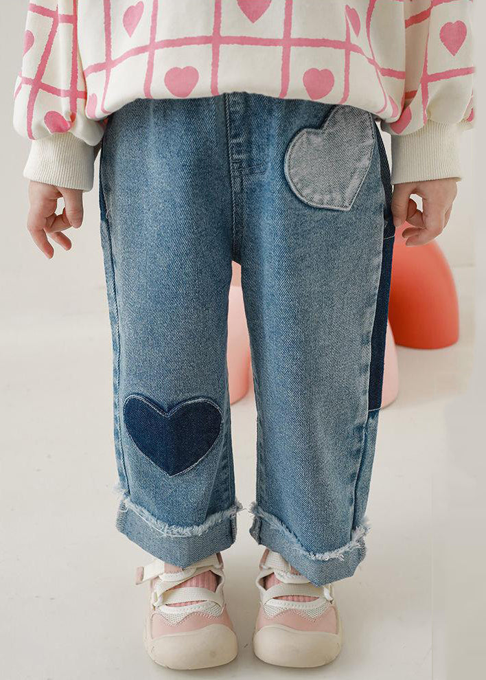 Blue Pockets Elastic Waist Denim Pants Fall