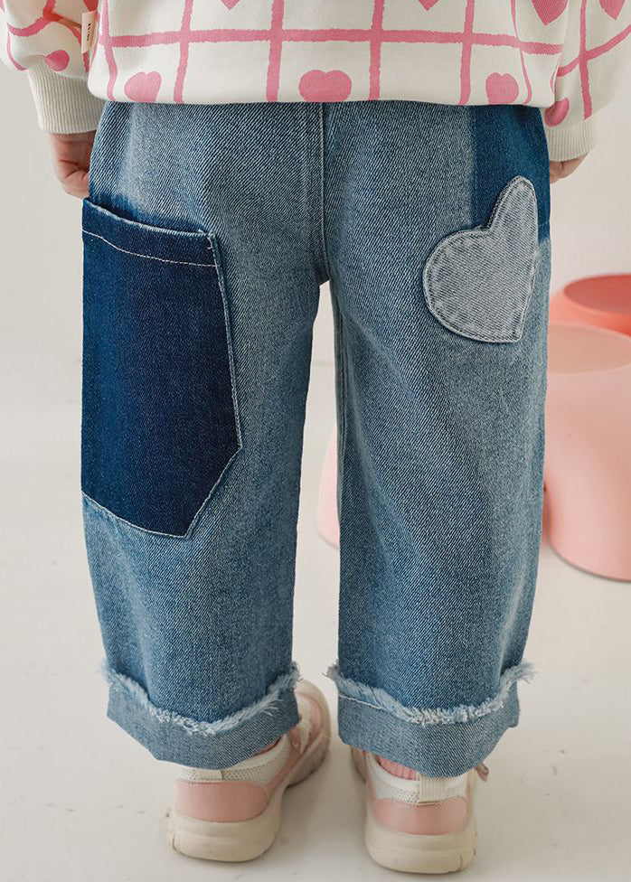 Blue Pockets Elastic Waist Denim Pants Fall