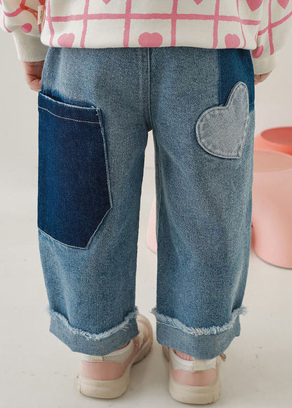 Blue Pockets Elastic Waist Denim Pants Fall