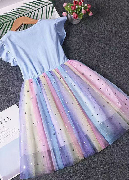 Blue Ruffled Nail Bead Patchwork Tulle Kids Dresses Summer