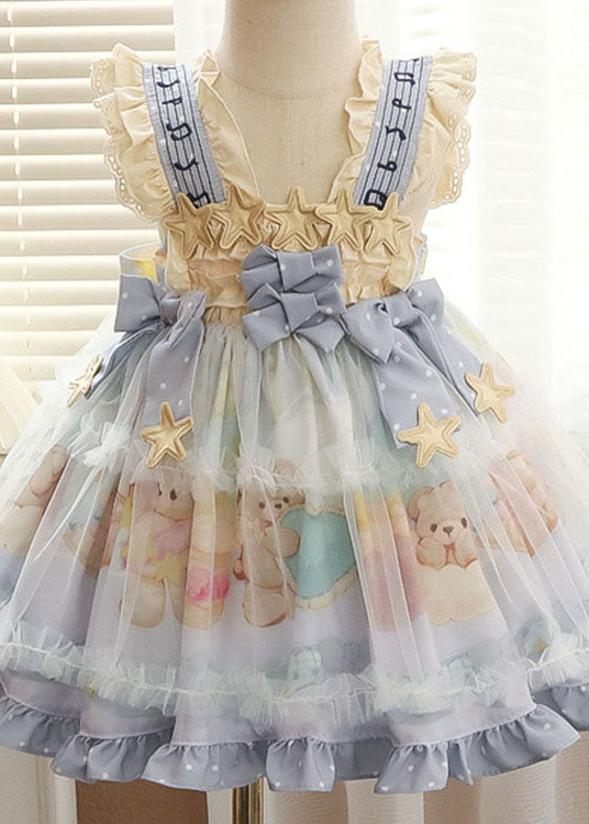 Blue Ruffled Print Bow Patchwork Chiffon Baby Dresses Summer