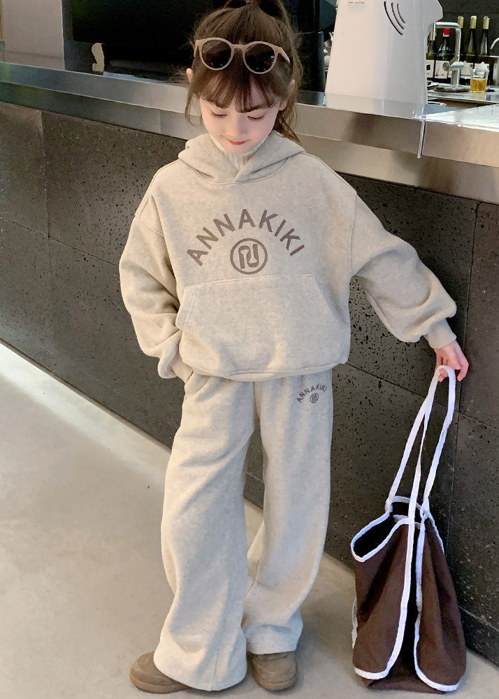 Grey Kids Fleece Hooded Sweatshirt and Wide Leg Pants Two Pieces Set Spring