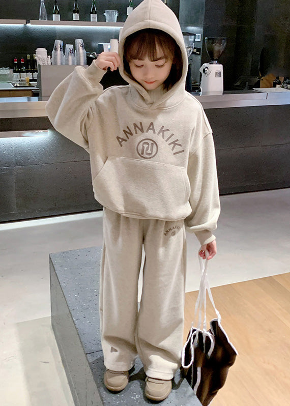Grey Kids Fleece Hooded Sweatshirt and Wide Leg Pants Two Pieces Set Spring