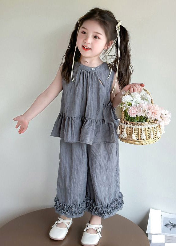 Grey Ruffled Patchwork Kids T Shirt and Crop Pants Two Piece Set Sleeveless