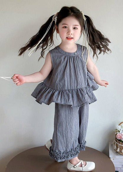 Grey Ruffled Patchwork Kids T Shirt and Crop Pants Two Piece Set Sleeveless