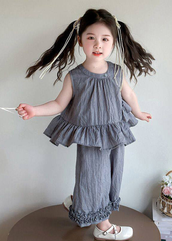 Grey Ruffled Patchwork Kids T Shirt and Crop Pants Two Piece Set Sleeveless