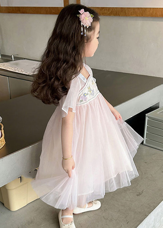 Light Pink Square Collar Embroideried Patchwork Tulle Kids Long Dresses Summer