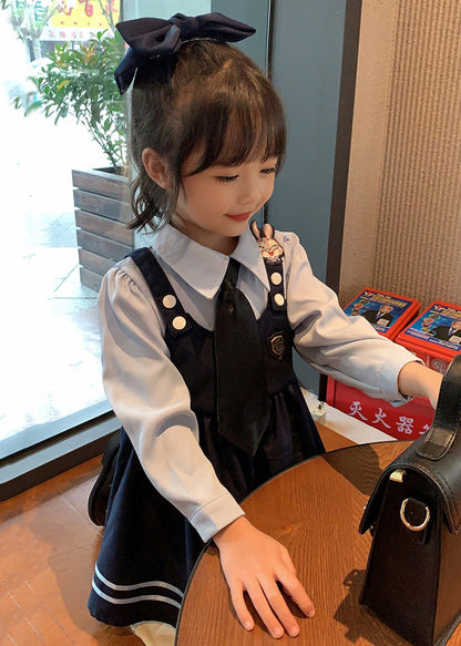 Navy Peter Pan Collar False Two Pieces Cotton Dresses Fall