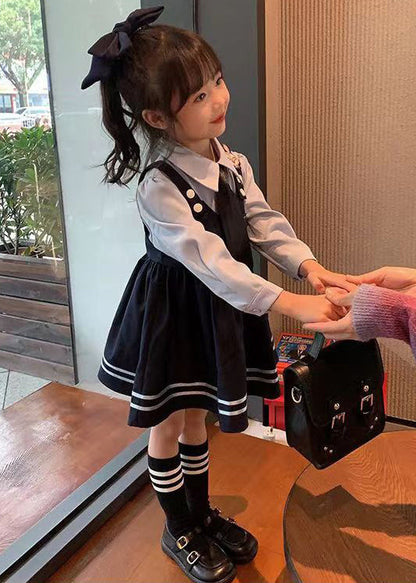 Navy Peter Pan Collar False Two Pieces Cotton Dresses Fall
