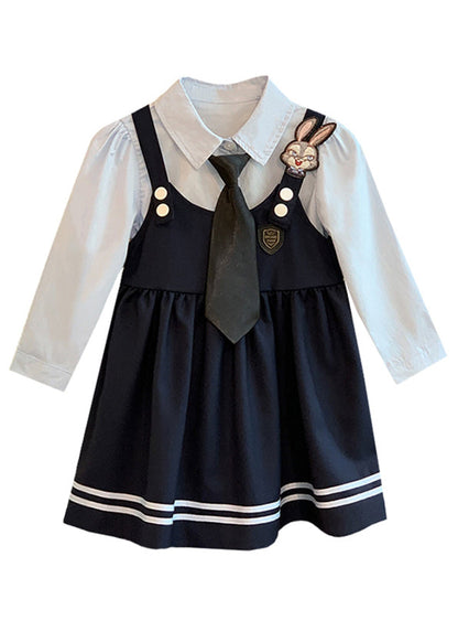 Navy Peter Pan Collar False Two Pieces Cotton Dresses Fall