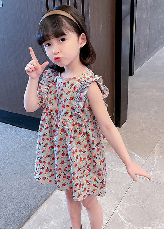 O-neck Ruffled Print Kids Maxi Dress Summer
