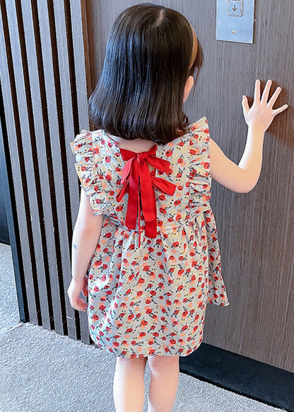O-neck Ruffled Print Kids Maxi Dress Summer