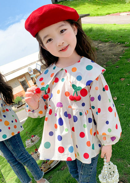 Lovely Peter Pan Collar Dot Cotton Girls Tops Long Sleeve