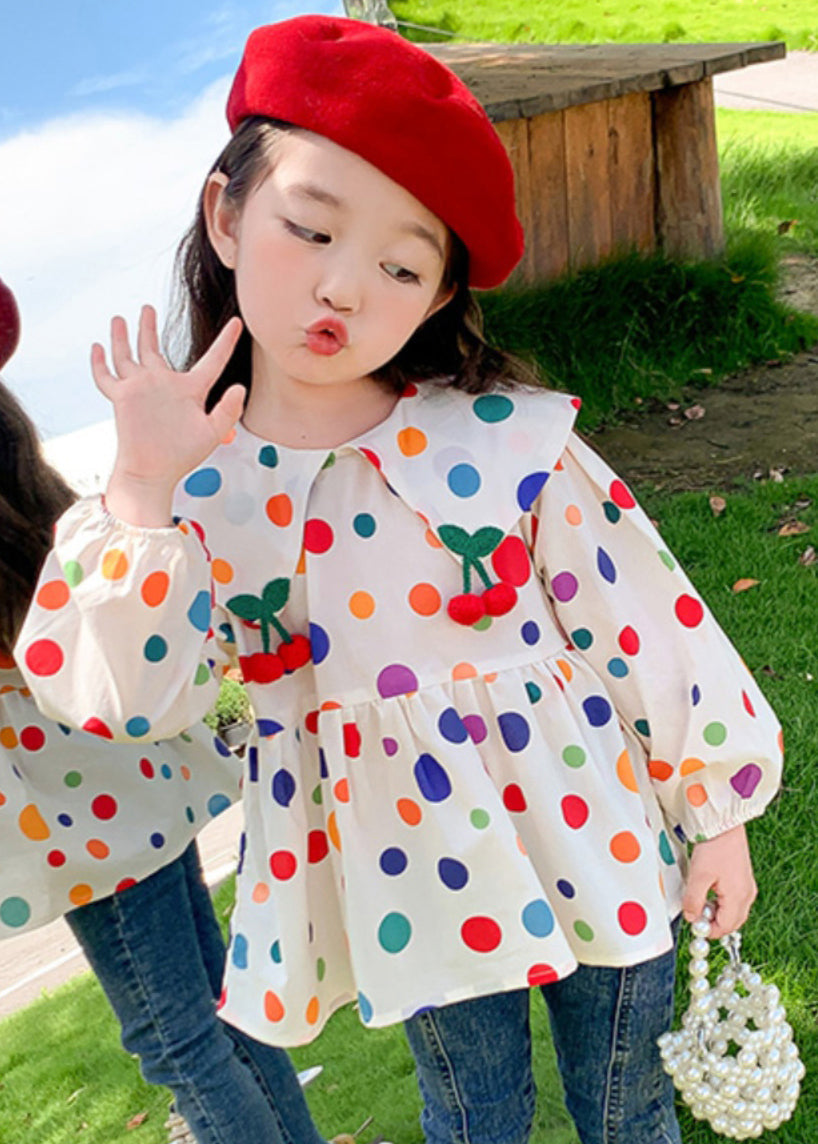 Lovely Peter Pan Collar Dot Cotton Girls Tops Long Sleeve