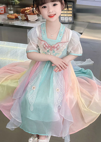 Pink Embroideried Butterfly Patchwork Chiffon Kids Dresses Summer