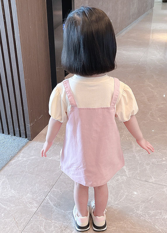 Pink O Neck Patchwork Cotton Kids Dresses Summer