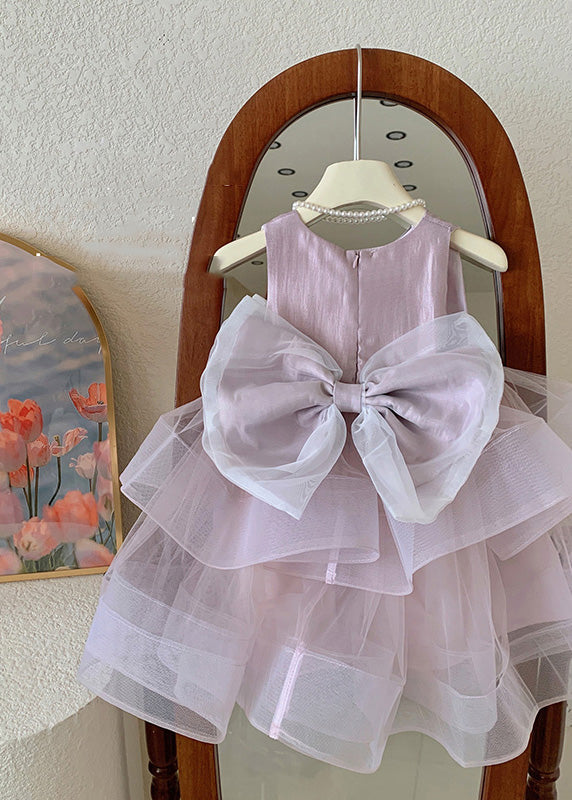 Pink O-neck Patchwork Layered Tulle Kids Dress Summer