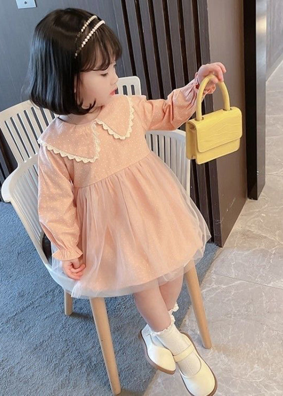 Pink Peter Pan Collar Dot Tulle Patchwork Kids Vacation Maxi Dresses Fall