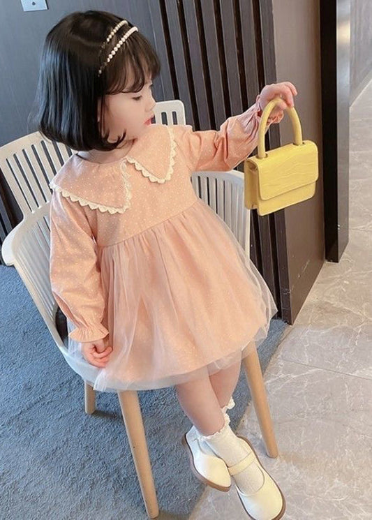 Pink Peter Pan Collar Dot Tulle Patchwork Kids Vacation Maxi Dresses Fall