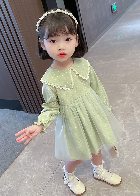 Pink Peter Pan Collar Dot Tulle Patchwork Kids Vacation Maxi Dresses Fall