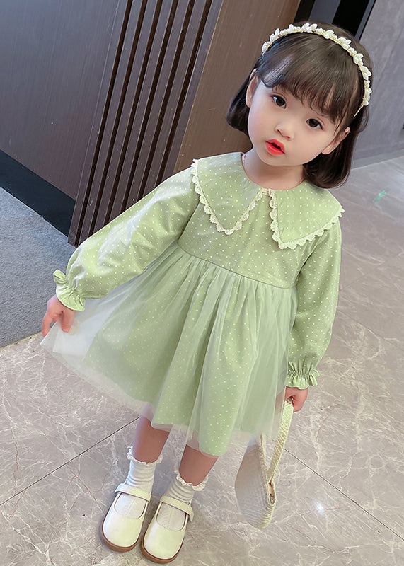 Pink Peter Pan Collar Dot Tulle Patchwork Kids Vacation Maxi Dresses Fall