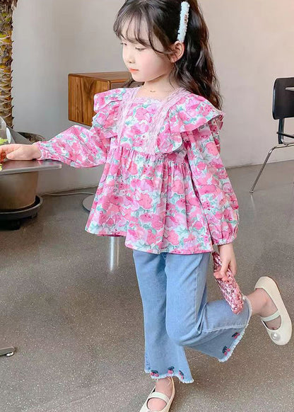 Pink Print Cotton Top and Denim Pants Baby Two Pieces Set Fall