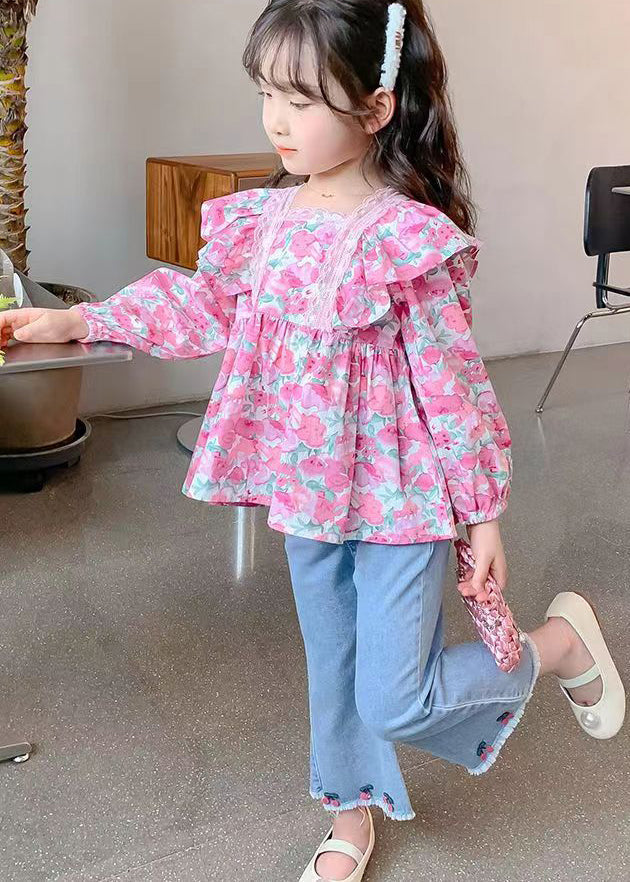 Pink Print Cotton Top and Denim Pants Baby Two Pieces Set Fall