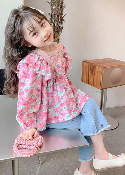 Pink Print Cotton Top and Denim Pants Baby Two Pieces Set Fall