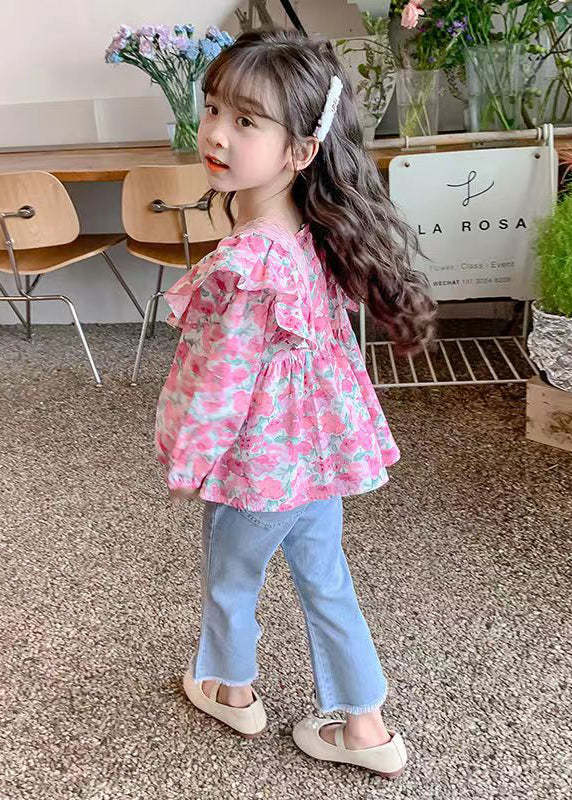 Pink Print Cotton Top and Denim Pants Baby Two Pieces Set Fall