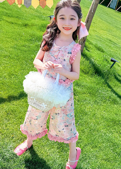 Pink Print Ruffled Top and Crop Pants Set Two Piece Set Summer