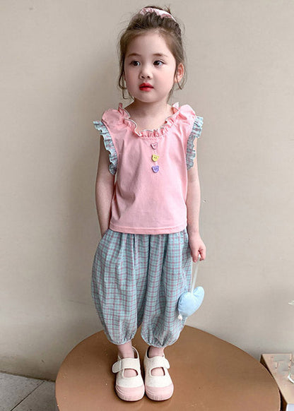 Pink Ruffled Patchwork T Shirt and Crop Pants Two Pieces Set Summer