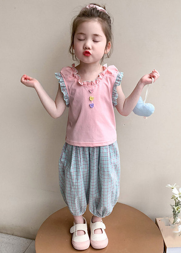 Pink Ruffled Patchwork T Shirt and Crop Pants Two Pieces Set Summer